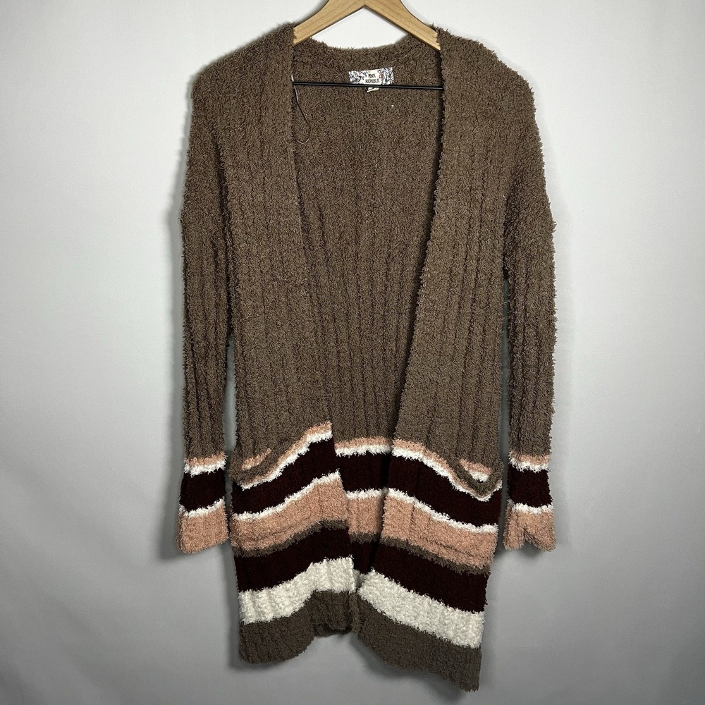 Pink Republic Sweater Women Size Small Stripe‎ Fuzzy Duster Cardigan Pockets